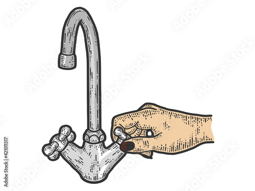 Female hand tightens the screw of a water tap. Sketch scratch board imitation color.