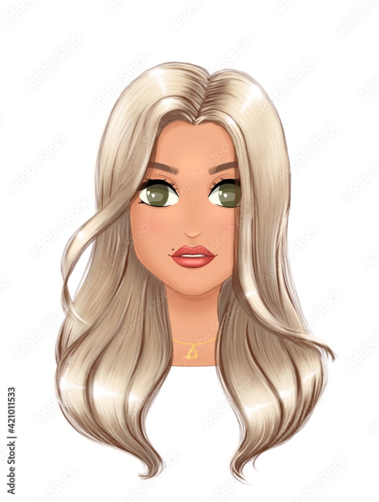 Portrait of young cute woman with beautiful blonde hair and big green eyes.  Cartoon character concept. Good for avatar, logo, print, beauty salon.  Trandy hand drawn illustration isolated on white. Stock Illustration |