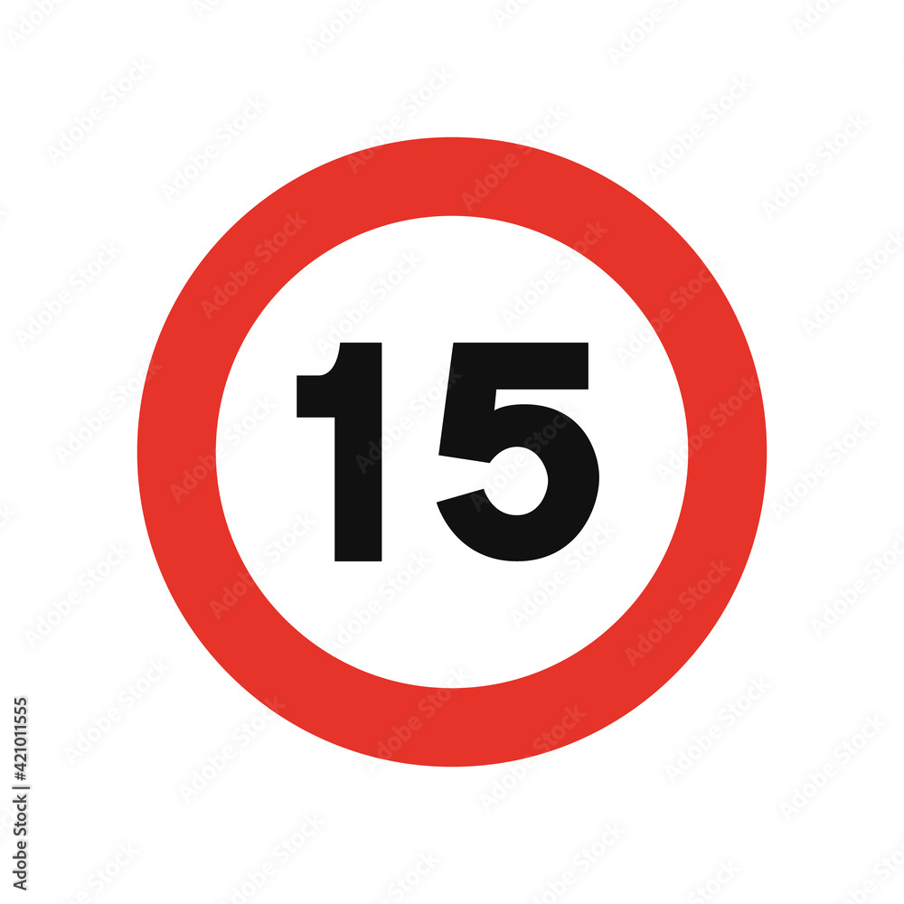 Rounded traffic signal in white and red, isolated on white background. Speed limit of fifteen