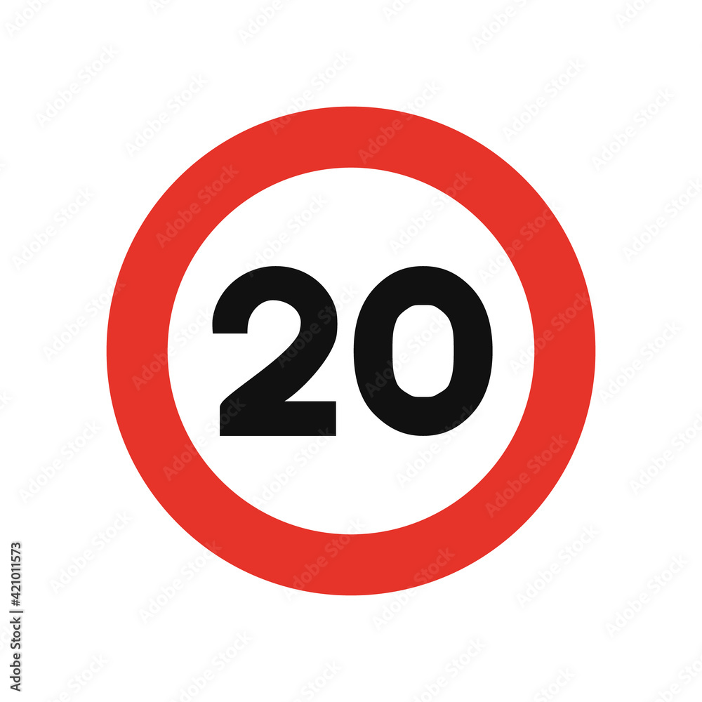 Rounded traffic signal in white and red, isolated on white background. Speed limit of twenty Rounded traffic signal in white and red, isolated on white background. Speed limit of twenty