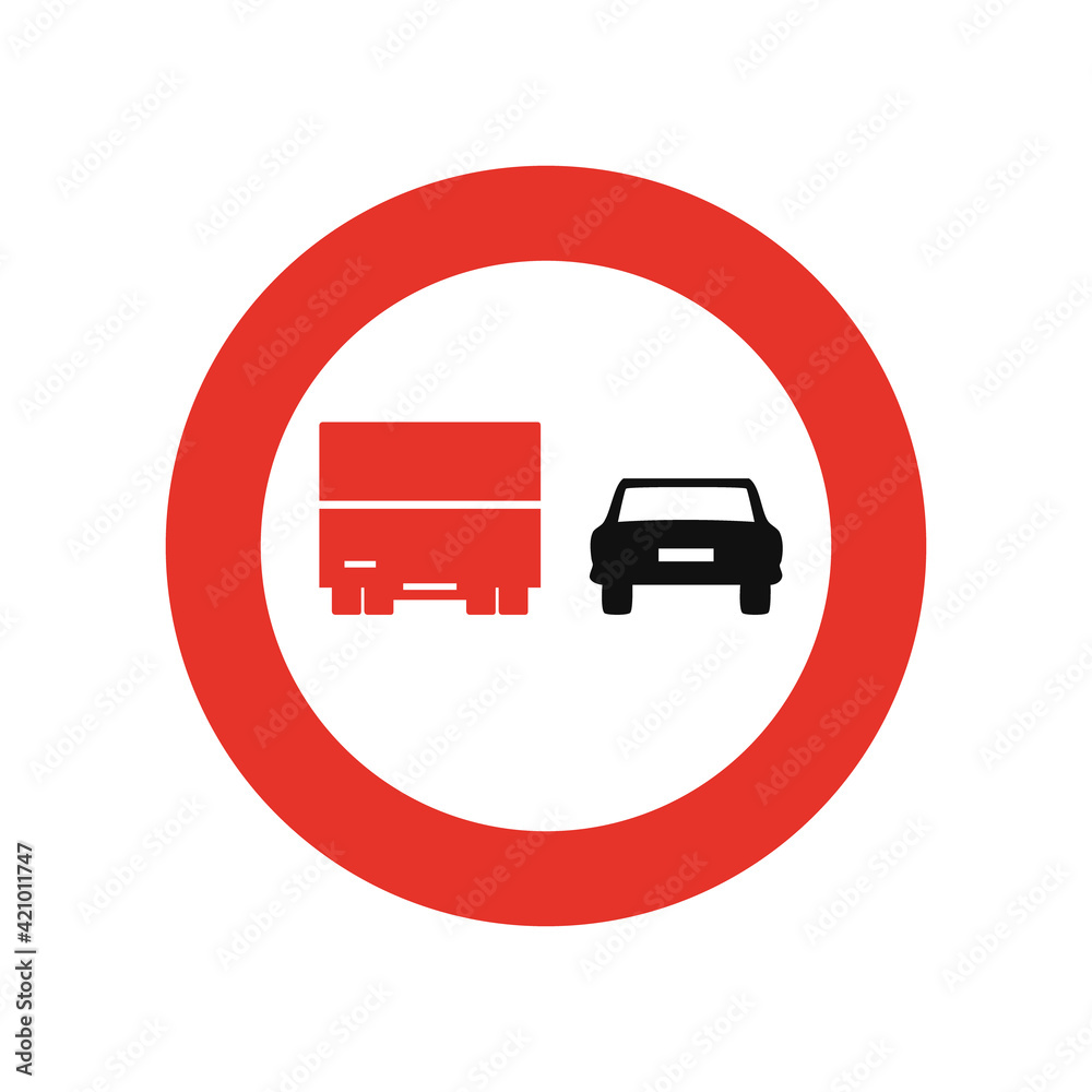 Rounded traffic signal in white and red, isolated on white background. Overtaking prohibited for trucks Rounded traffic signal in white and red, isolated on white background. Overtaking prohibited for trucks