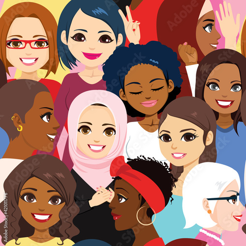 Seamless pattern illustration of diverse women faces crowd