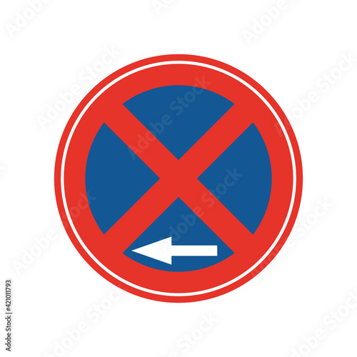 Rounded traffic signal in blue and red, isolated on white background. Stopping and parking prohibited to the left