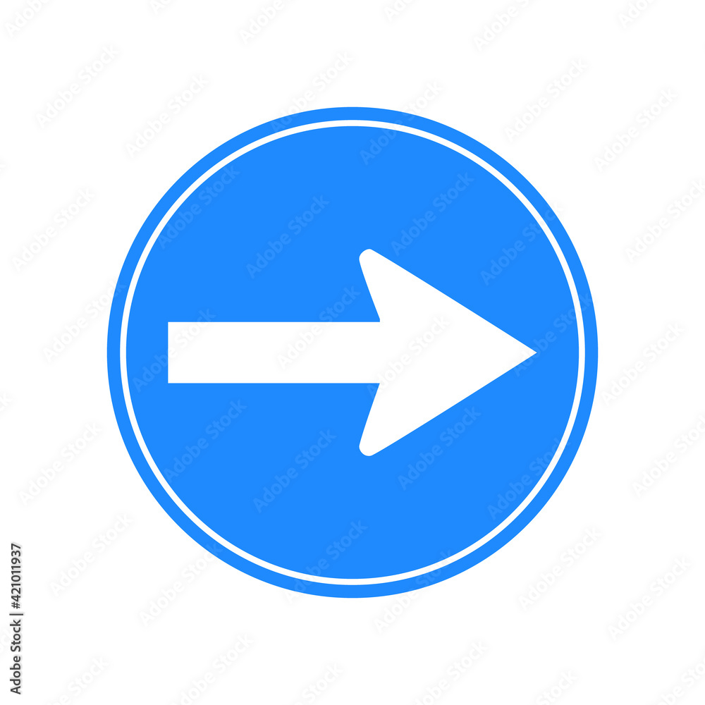 Rounded traffic signal in blue and white, isolated on white background. Compulsory turn right Rounded traffic signal in blue and white, isolated on white background. Compulsory turn right