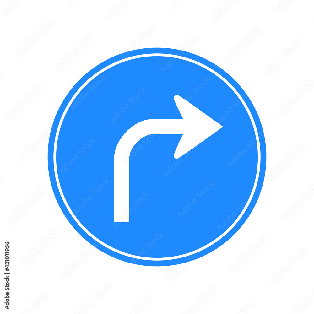 Rounded traffic signal in blue and white, isolated on white background. Compulsory turn right ahead Rounded traffic signal in blue and white, isolated on white background. Compulsory turn right ahead