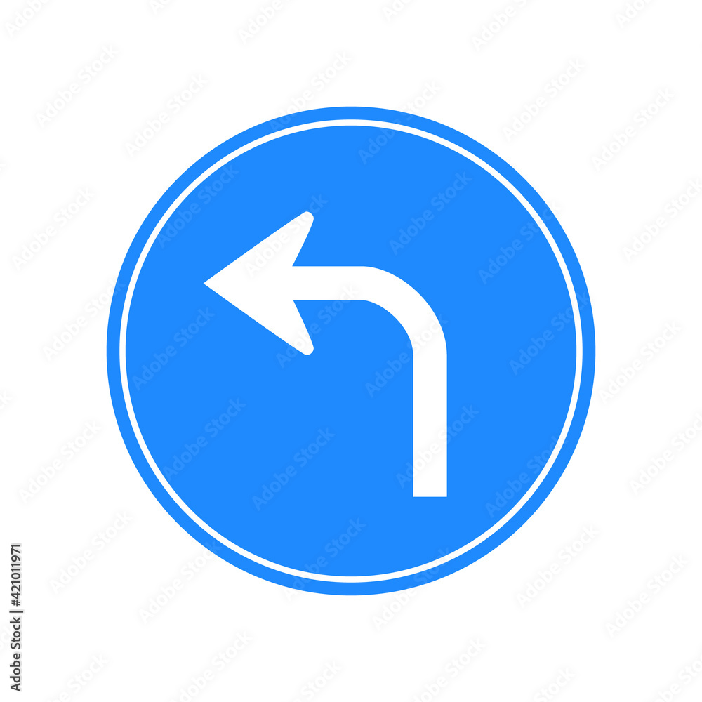 Rounded traffic signal in blue and white, isolated on white background. Compulsory turn left ahead Rounded traffic signal in blue and white, isolated on white background. Compulsory turn left ahead