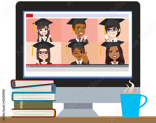 Six students holding diplomas in video on computer screen on top of desk with books and hot drink, online school graduation concept