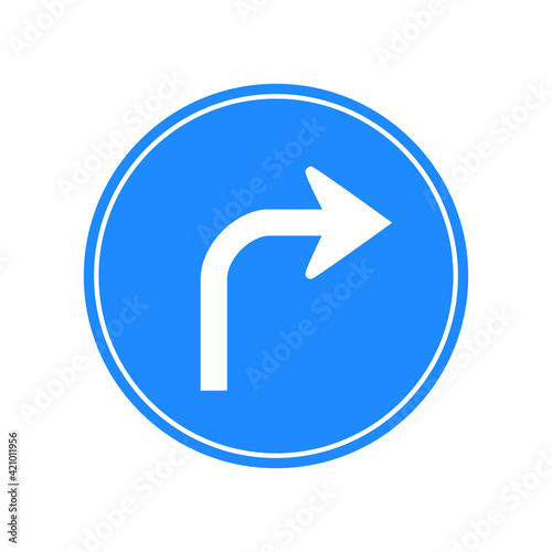 Rounded traffic signal in blue and white, isolated on white background. Compulsory turn right ahead