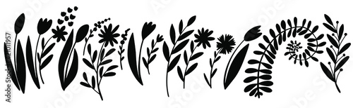 Hand drawn vector of black silhouettes of herbs. Stock illustration of abstract plants.