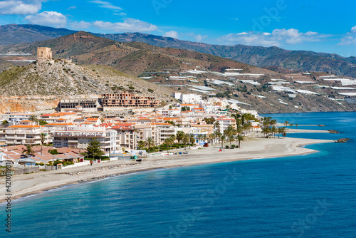 Coastal view of Salobrena, traditional Spanish village on Granada coast, Southern Spain
