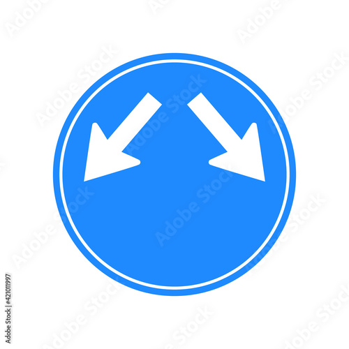 Rounded traffic signal in blue and white, isolated on white background. Compulsory keep right or left