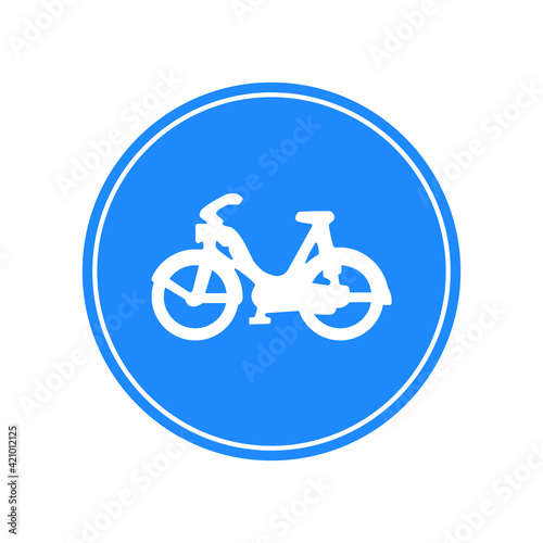 Rounded traffic signal in blue and white, isolated on white background. Compulsory road for mopeds