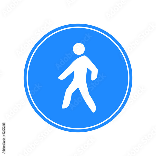 Rounded traffic signal in blue and white, isolated on white background. Compulsory road for pedestrians