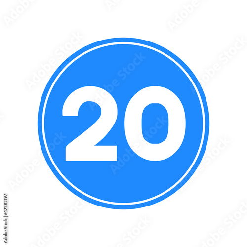 Rounded traffic signal in blue and white, isolated on white background. Minimum speed of twenty