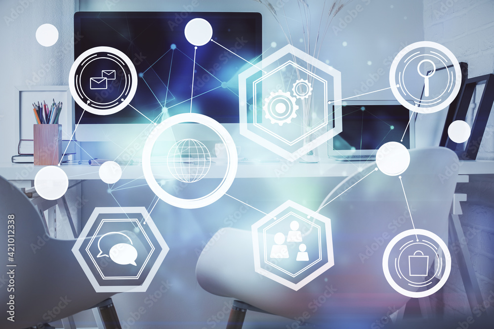 Double exposure of social network theme drawing and office interior background. Concept of web. Double exposure of social network theme drawing and office interior background. Concept of web.