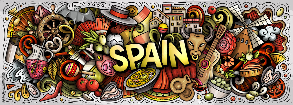 Spain hand drawn cartoon doodles illustration. Spanish funny objects and elements poster design. Creative art background. Colorful vector banner
