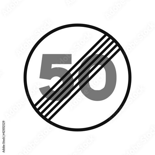 Rounded traffic signal in black and white, isolated on white background. End of speed limitation to fifty