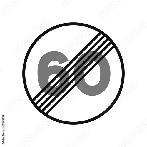 Rounded traffic signal in black and white, isolated on white background. End of speed limitation to sixty