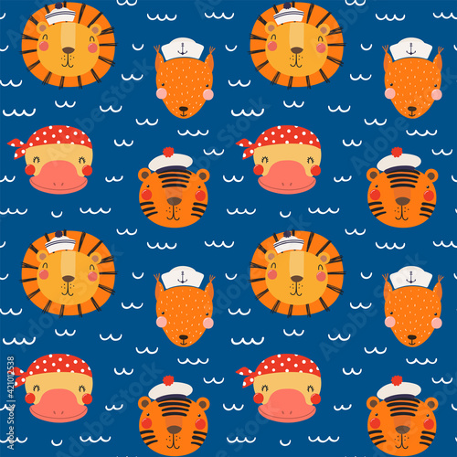 Cute animals in sailor hats, sea waves nautical seamless pattern on blue background. Hand drawn vector illustration. Scandinavian style flat design. Concept for kids textile print, wallpaper, package