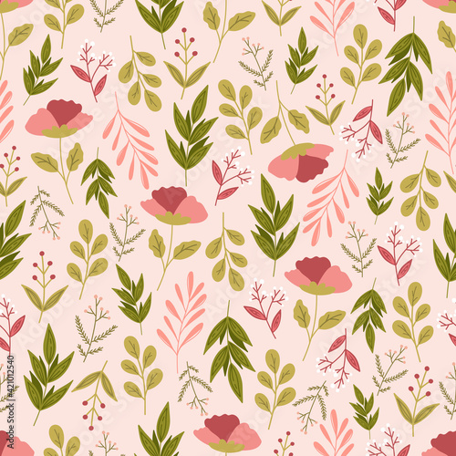 Modern seamless pattern with flowers  and leaves. Botanical background