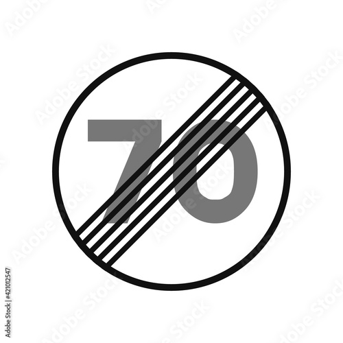 Rounded traffic signal in black and white, isolated on white background. End of speed limitation to seventy