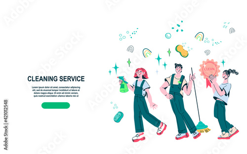 Cleaning company web banner or landing page mockup with cleaning staff characters among working tools, cartoon vector illustration on white background.