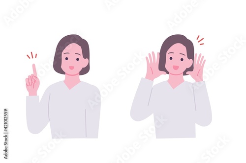 指差しをする女性、応援する女性