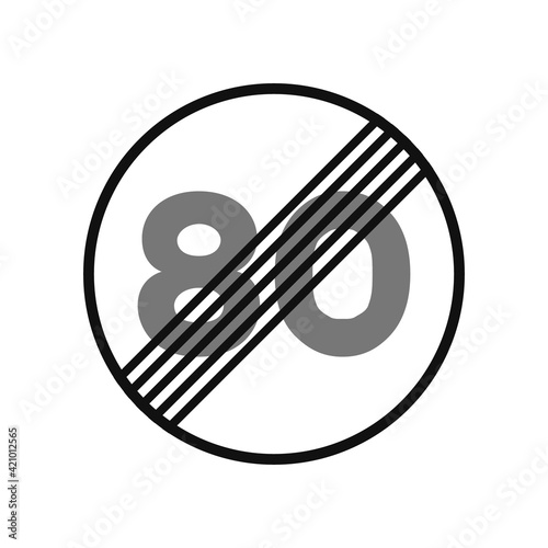 Rounded traffic signal in black and white, isolated on white background. End of speed limitation to eighty