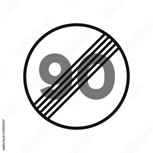Rounded traffic signal in black and white, isolated on white background. End of speed limitation to ninety
