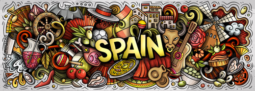 Spain hand drawn cartoon doodles illustration. Spanish funny objects and elements poster design. Creative art background. Colorful vector banner © balabolka