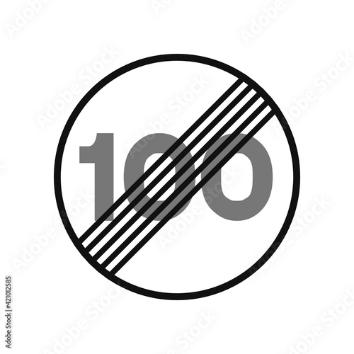 Rounded traffic signal in black and white, isolated on white background. End of speed limitation to one hundred