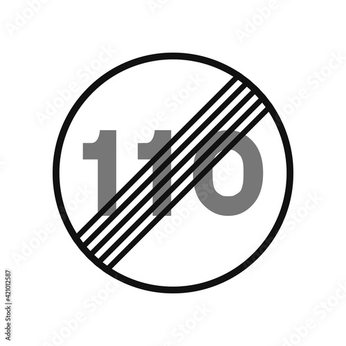 Rounded traffic signal in black and white, isolated on white background. End of speed limitation to one hundred and ten