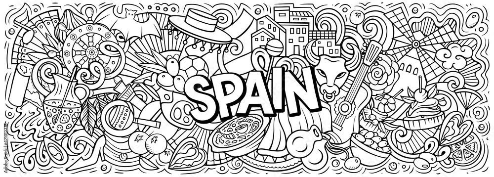Spain hand drawn cartoon doodles illustration.