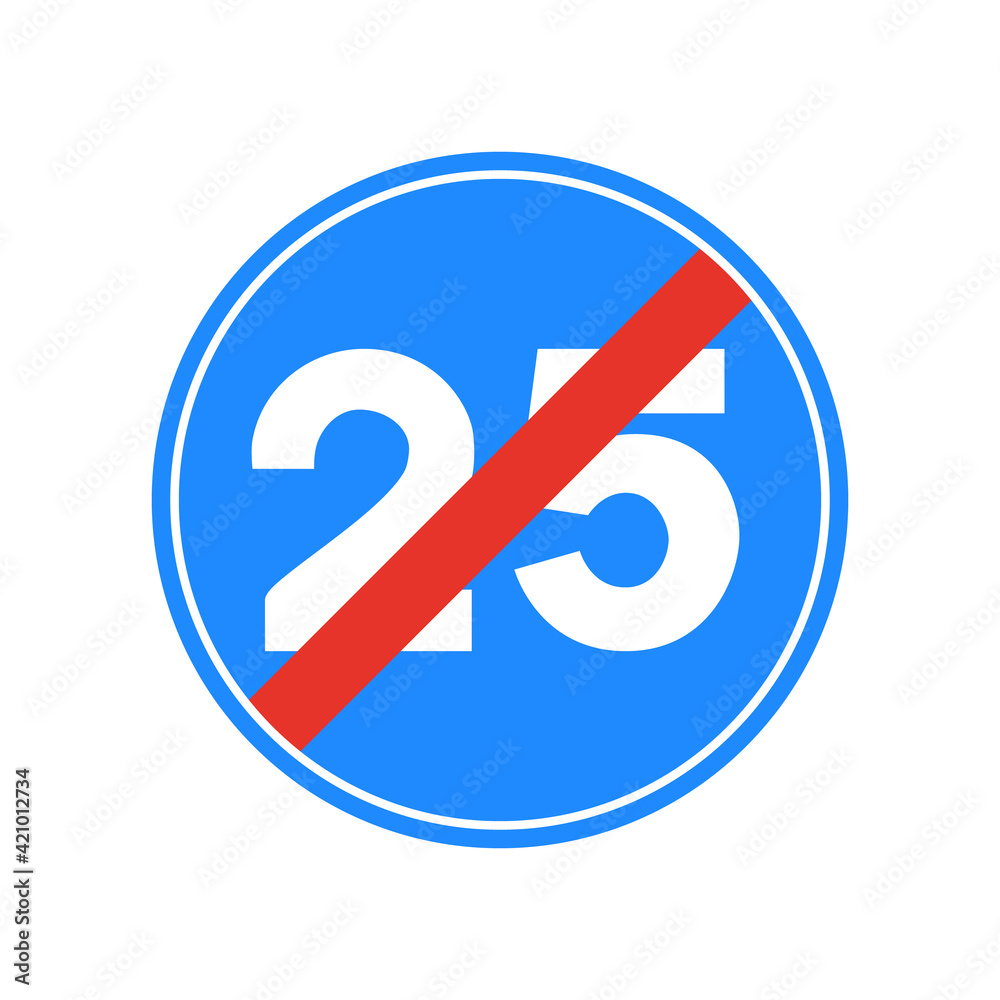 Rounded traffic signal in blue, red and white, isolated on white background. End of minimum speed of twenty five Rounded traffic signal in blue, red and white, isolated on white background. End of minimum speed of twenty five