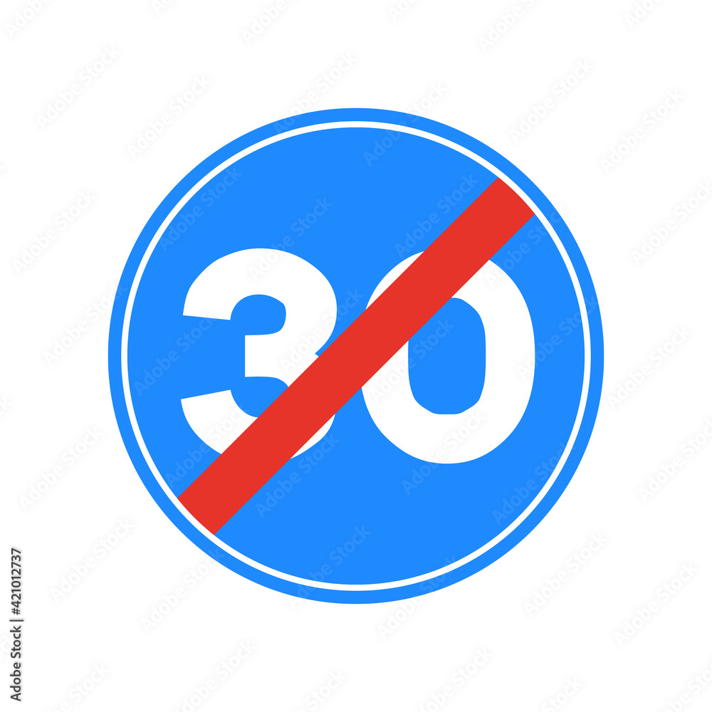 Rounded traffic signal in blue, red and white, isolated on white background. End of minimum speed of thirty Rounded traffic signal in blue, red and white, isolated on white background. End of minimum speed of thirty