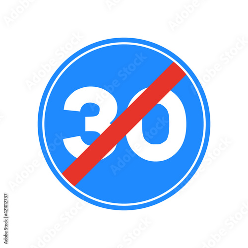 Rounded traffic signal in blue, red and white, isolated on white background. End of minimum speed of thirty