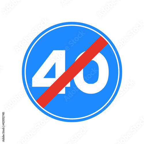 Rounded traffic signal in blue, red and white, isolated on white background. End of minimum speed of forty