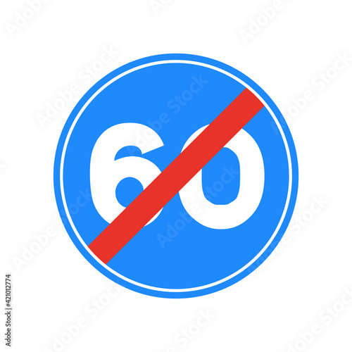 Rounded traffic signal in blue, red and white, isolated on white background. End of minimum speed of sixty