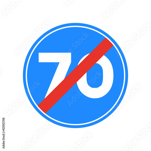Rounded traffic signal in blue, red and white, isolated on white background. End of minimum speed of seventy