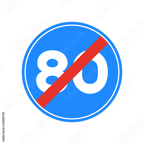 Rounded traffic signal in blue, red and white, isolated on white background. End of minimum speed of eighty