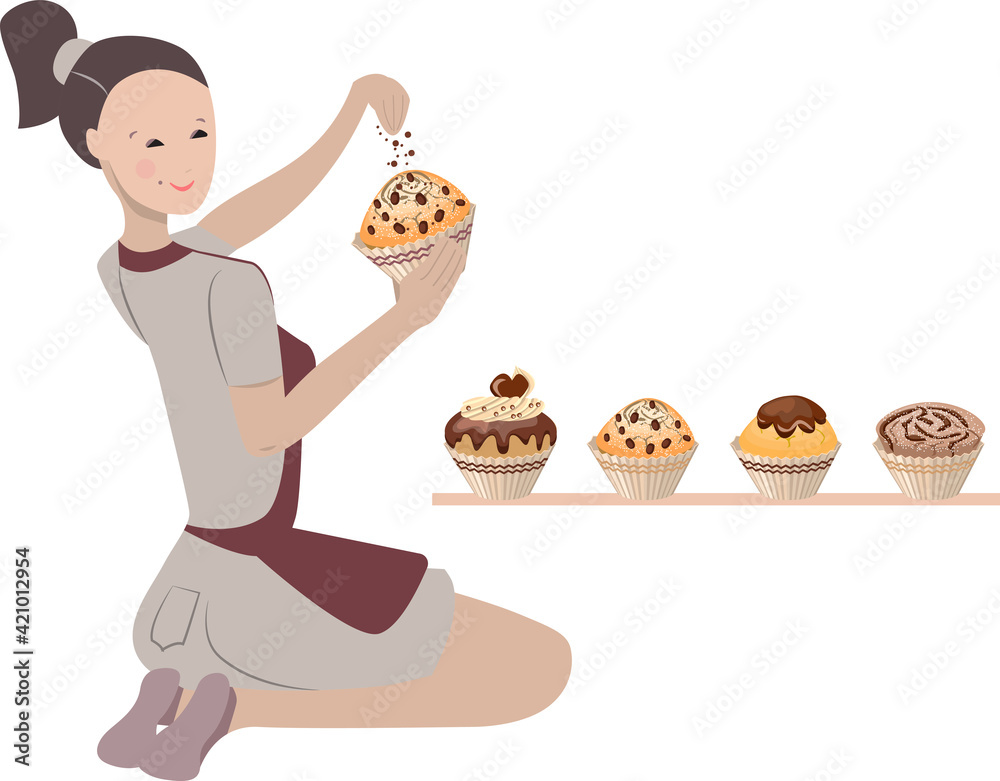 Young woman decorating pastry chocolate muffins at home. Lifestyle and hobby. Illustration can be used for cafe menu and food design templates. Young woman decorating pastry chocolate muffins at home. Lifestyle and hobby. Illustration can be used for cafe menu and food design templates.