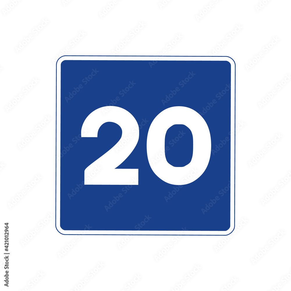 Square traffic signal in blue and white, isolated on white background. Maximum recommended speed of twenty Square traffic signal in blue and white, isolated on white background. Maximum recommended speed of twenty