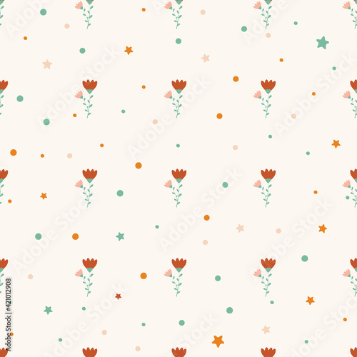Seamless pattern with orange bells and circles on a light background. Summer, minimalistic pattern with flowers. Pattern for wrapping paper, stationery, textiles, backgrounds, websites.
