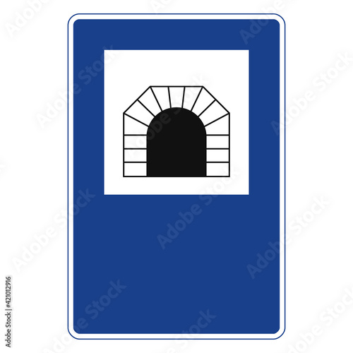 Rectangular traffic signal in blue and white, isolated on white background. Tunnel start sign