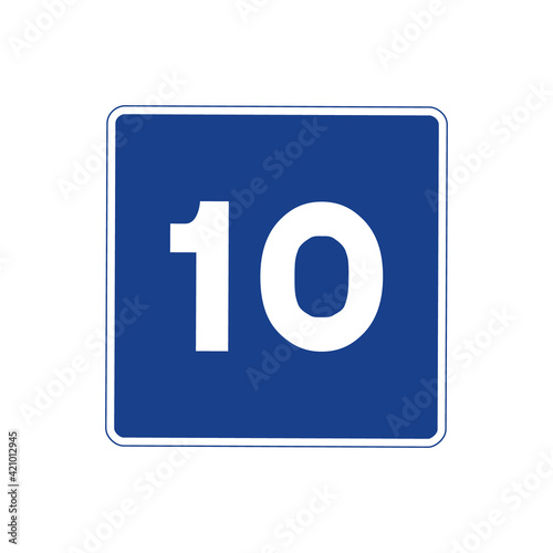 Square traffic signal in blue and white, isolated on white background. Maximum recommended speed of ten