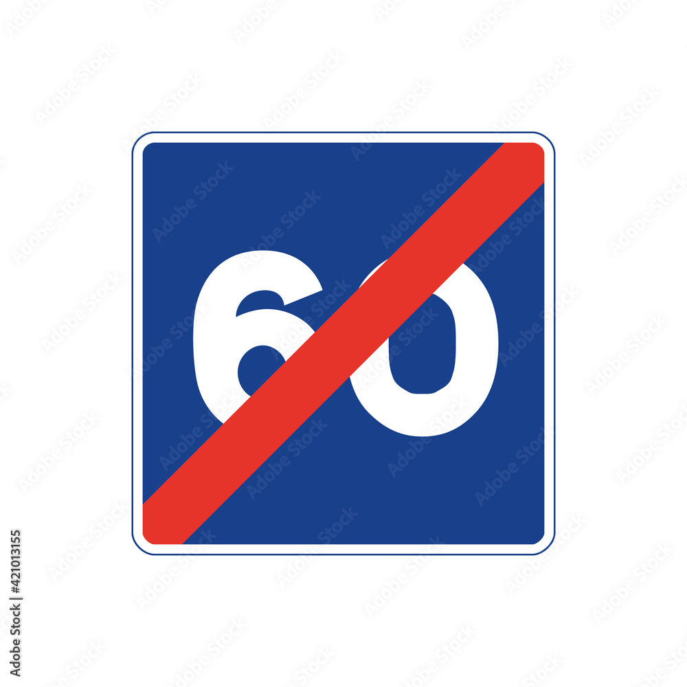 Square traffic signal in blue and white, isolated on white background. End of maximum recommended speed of sixty Square traffic signal in blue and white, isolated on white background. End of maximum recommended speed of sixty