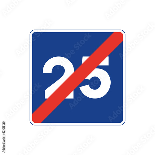 Square traffic signal in blue and white, isolated on white background. End of maximum recommended speed of twenty five