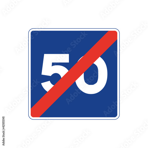 Square traffic signal in blue and white, isolated on white background. End of maximum recommended speed of fifty