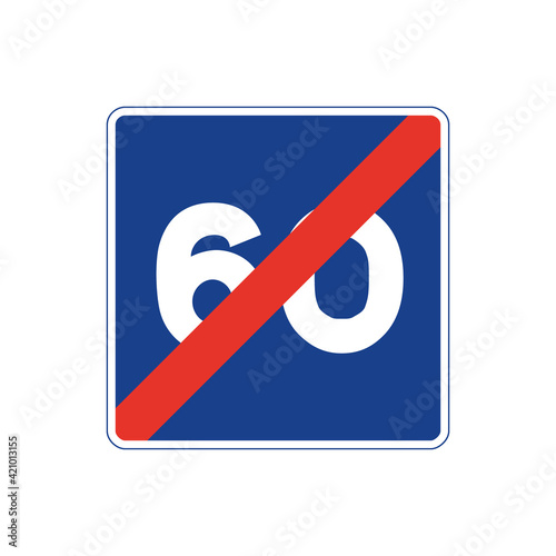 Square traffic signal in blue and white, isolated on white background. End of maximum recommended speed of sixty