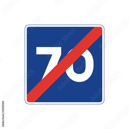 Square traffic signal in blue and white, isolated on white background. End of maximum recommended speed of seventy